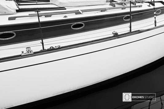 Nautical Wall Art Black White Photography Sailboat Print Maritime Decor Coastal Home Style Minimalist Boat Design Fine Art Collection Modern Interior Accent Living Room Display Classic Sailing Image Monochrome Artwork Elegant Lines Detail