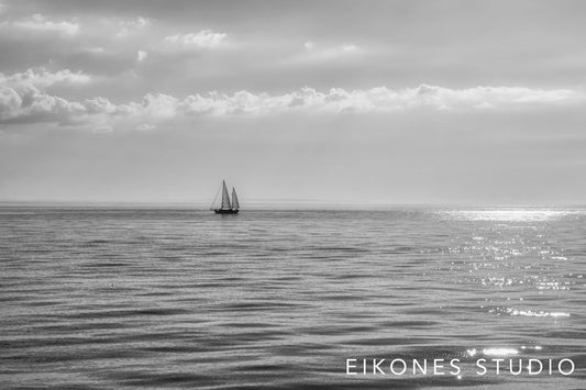Sailboat Wall Art Black White Photography Nautical Print Ocean Scene Minimalist Design Maritime Decor Beach House Style Serene Horizon View Coastal Home Decoration Fine Art Print Modern Aesthetic Tranquil Water Scene Perfect Living Room